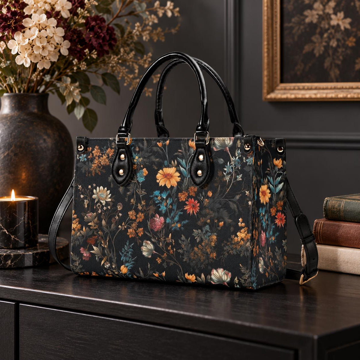 Wildflower Handbag, Dark Botanical Top Handle Crossbody Purse