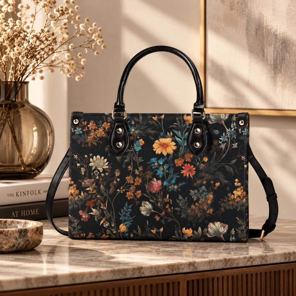 Wildflower Handbag, Dark Botanical Top Handle Crossbody Purse