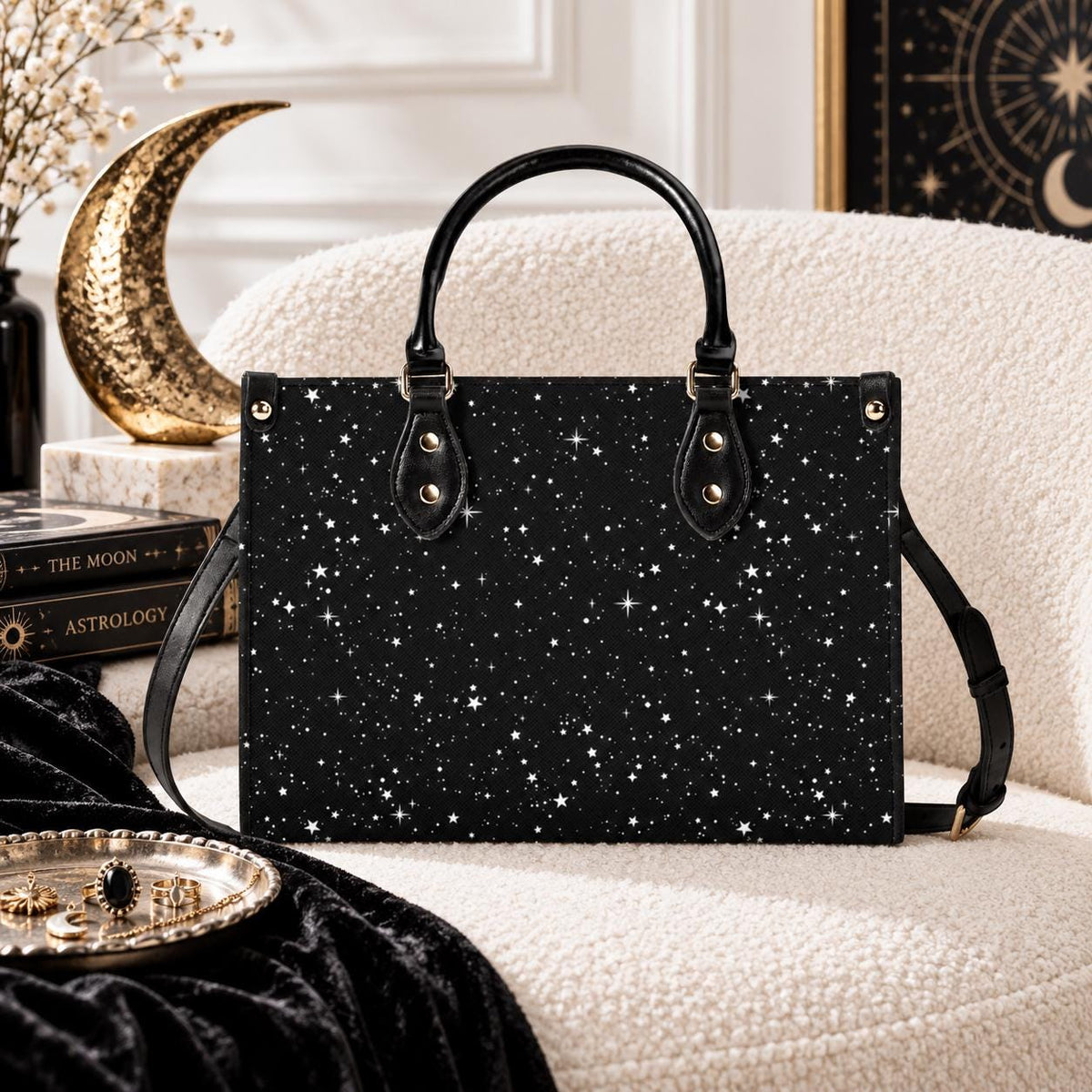 Starry Night Handbag, Black Celestial Crossbody Bag With Silver Stars