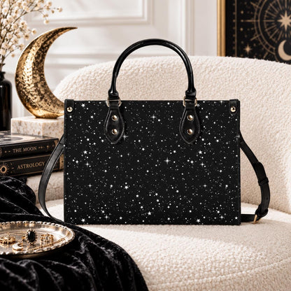 Starry Night Handbag, Black Celestial Crossbody Bag With Silver Stars