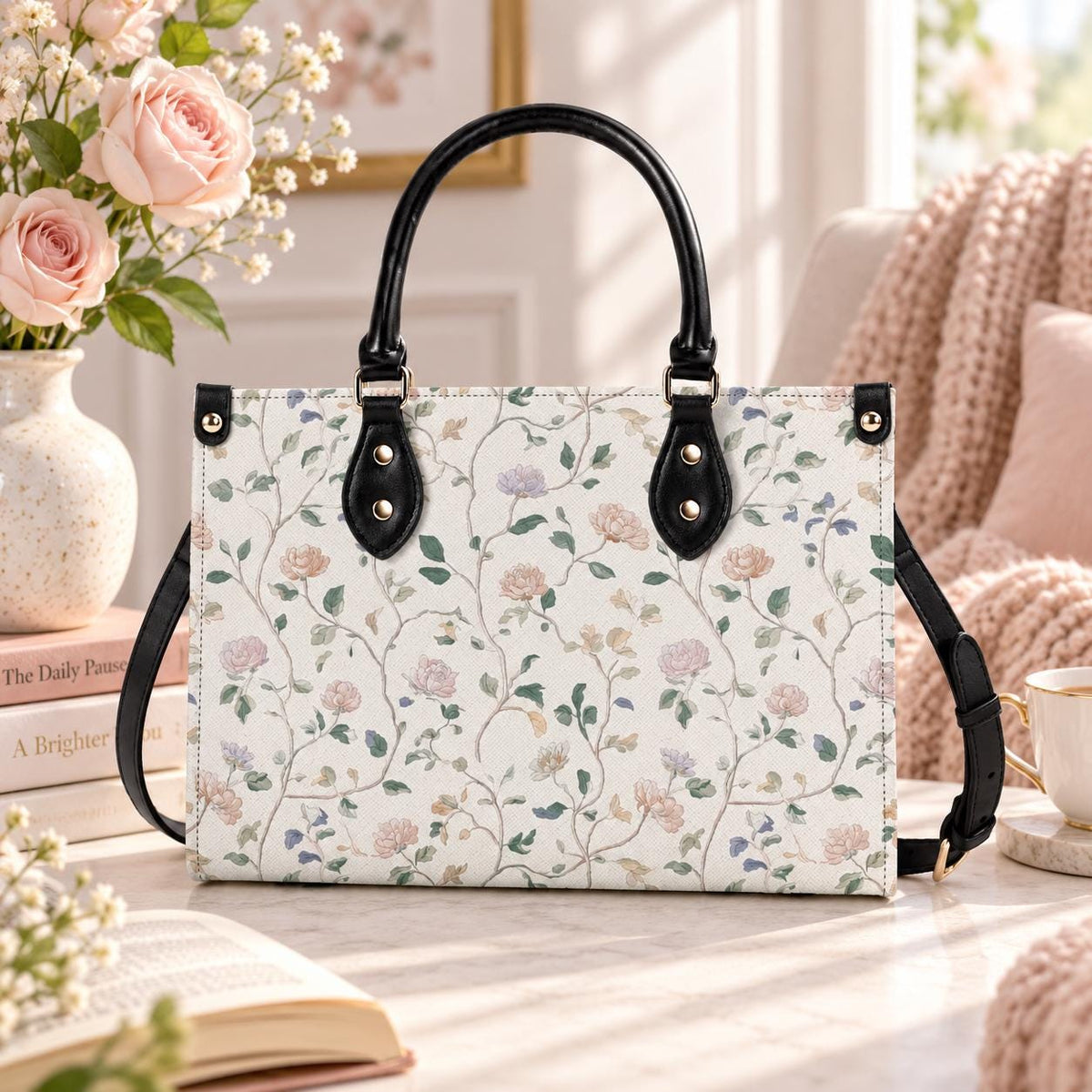 Cottage Garden Wildflower Handbag with Top Handles and Crossbody Strap