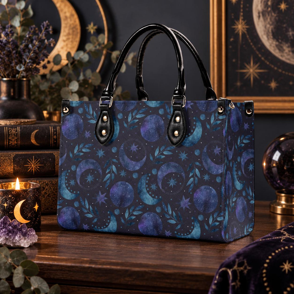 Celestial Crescent Moon Handbag with Blue Stars and Crossbody Strap