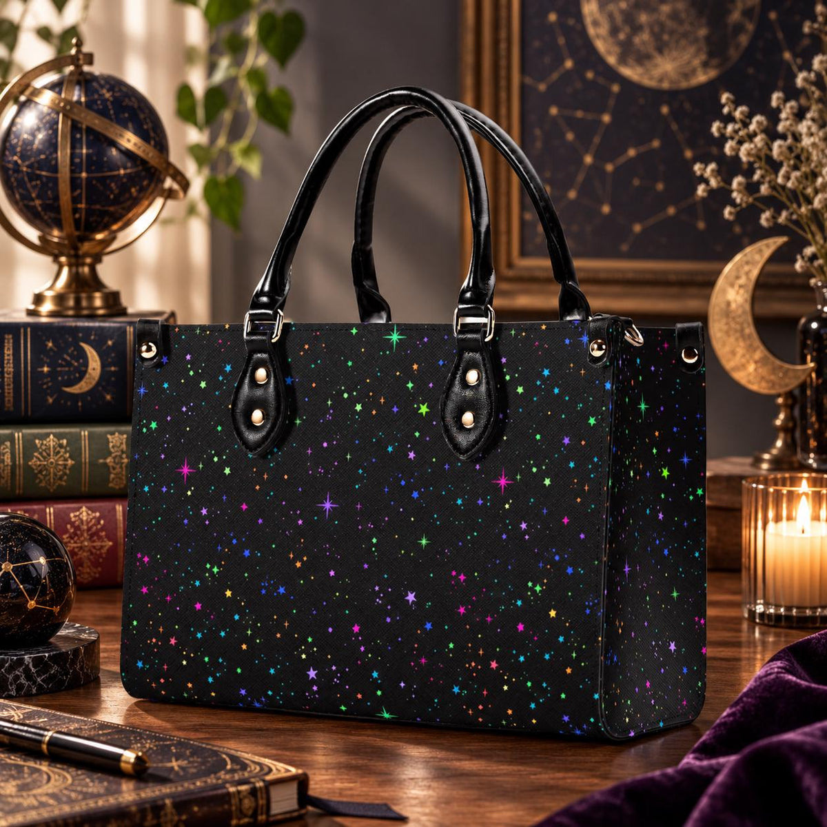 Star Speckled Top Handle Handbag with Detachable Crossbody Strap