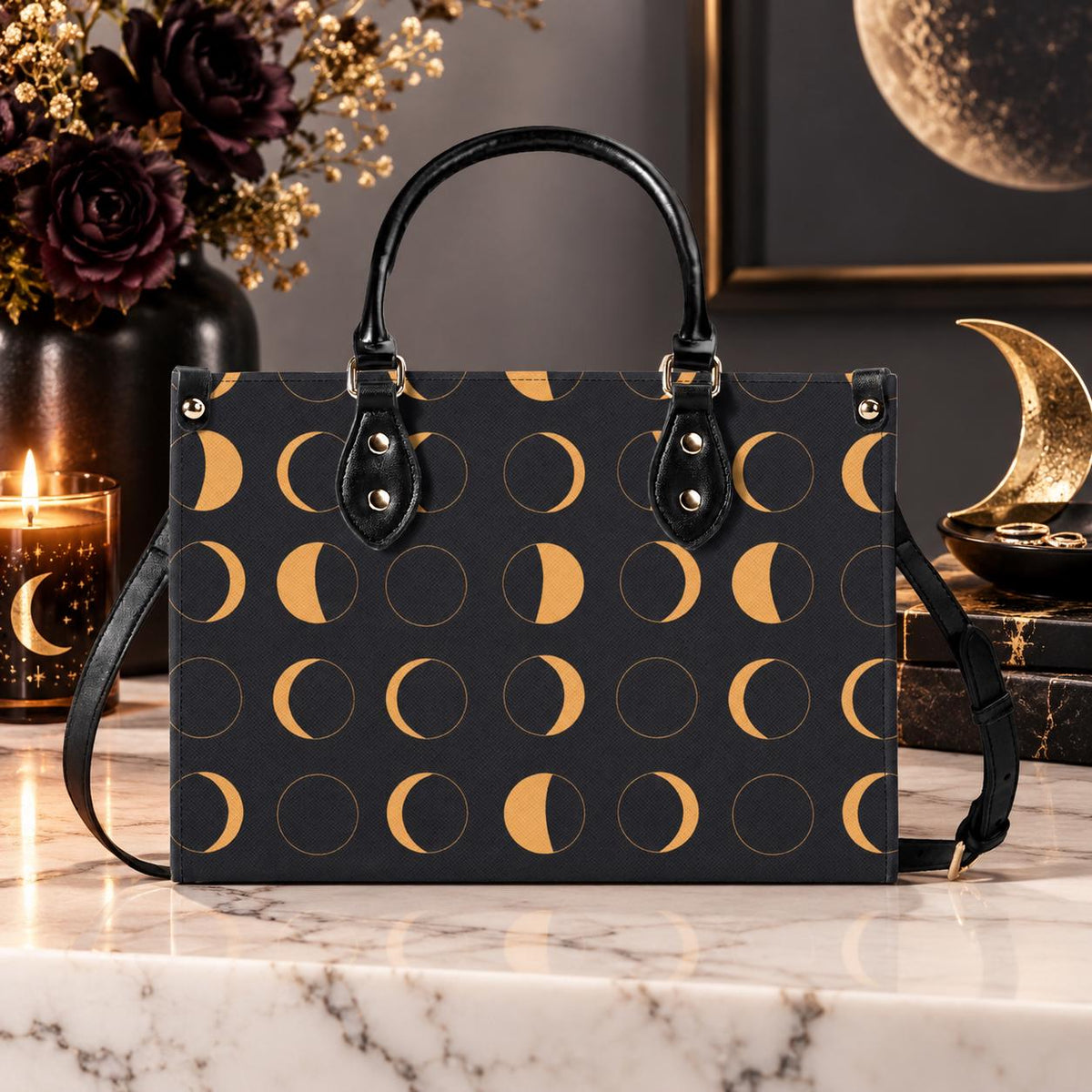 Moon Phase Handbag with Warm Gold Crescents and Crossbody Strap