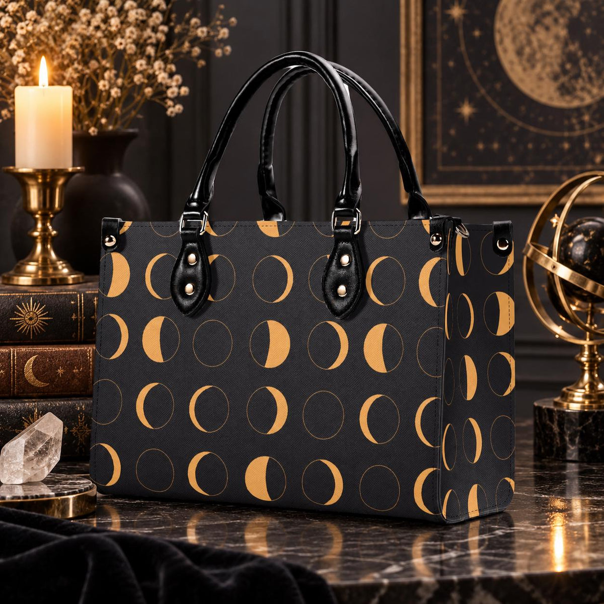 Moon Phase Handbag with Warm Gold Crescents and Crossbody Strap