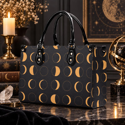 Moon Phase Handbag with Warm Gold Crescents and Crossbody Strap