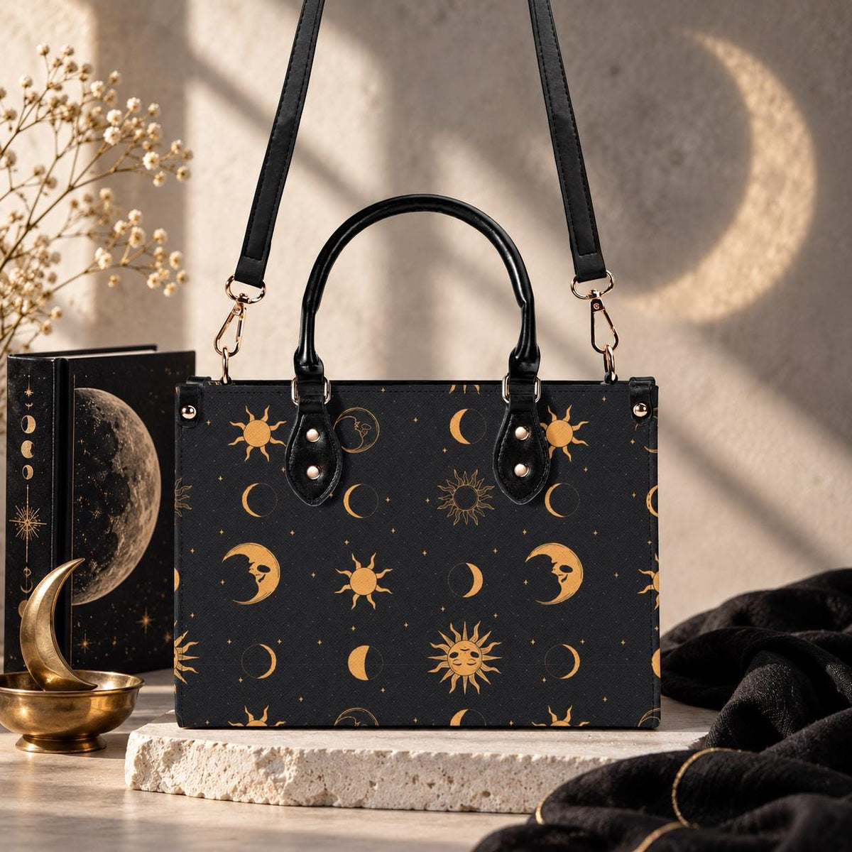 Celestial Sun and Moon Handbag with Top Handles and Crossbody Strap