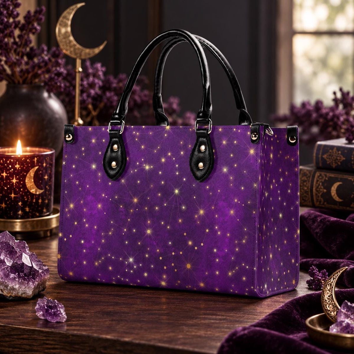 Whimsigoth Starry Sky Handbag, Purple Top Handle Crossbody Bag