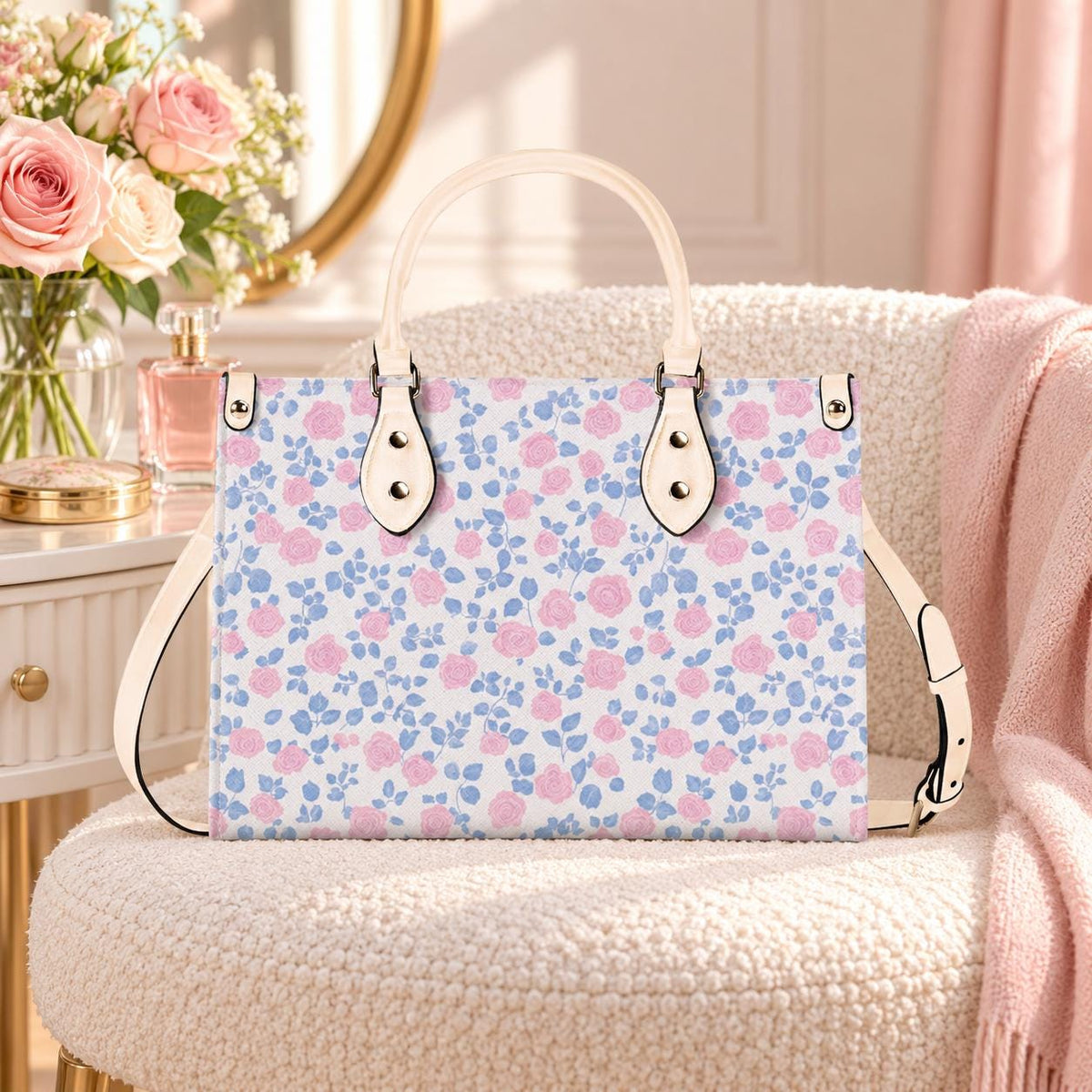 Romantic Ditsy Floral Handbag with Pink and Blue Blossoms and Crossbody Strap