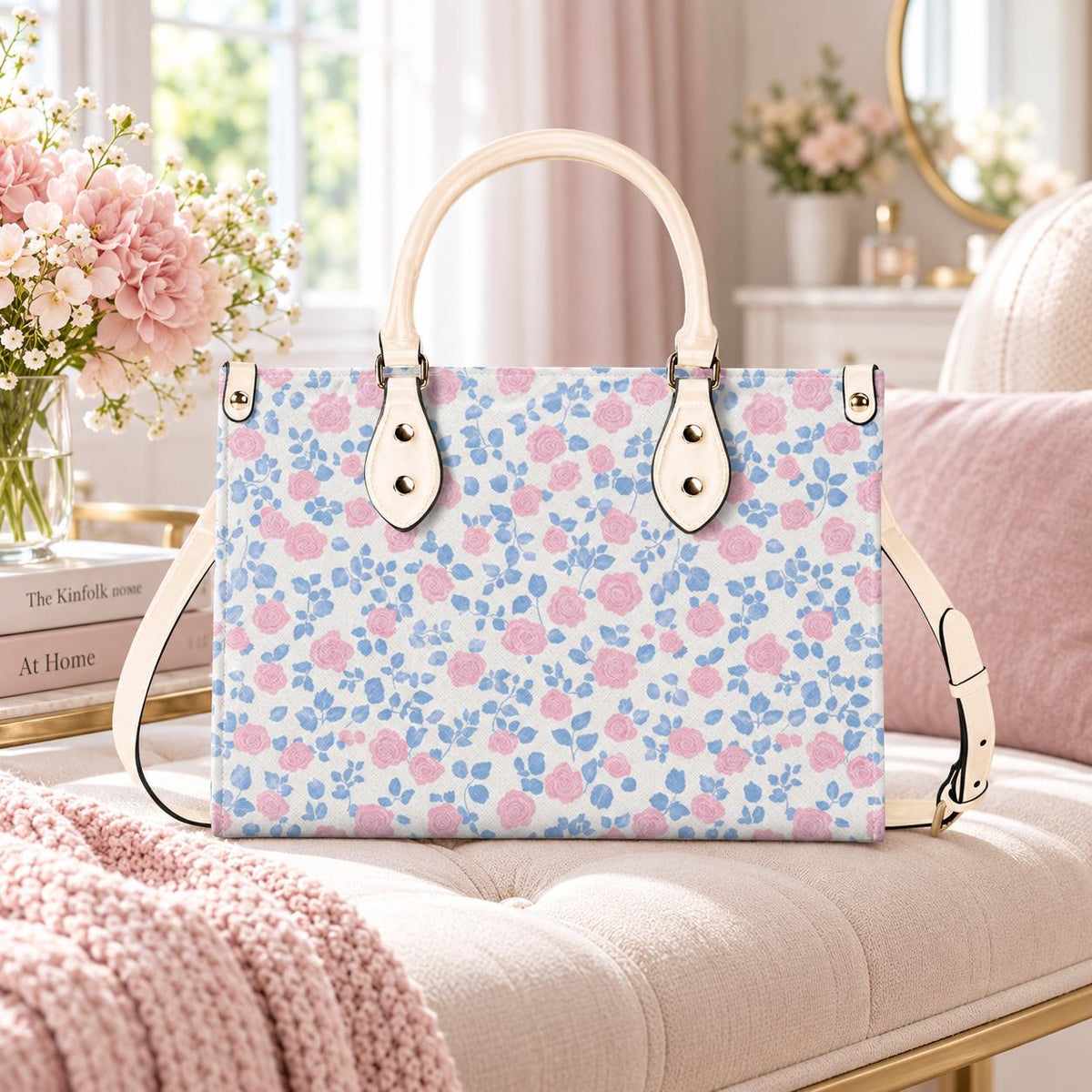 Romantic Ditsy Floral Handbag with Pink and Blue Blossoms and Crossbody Strap