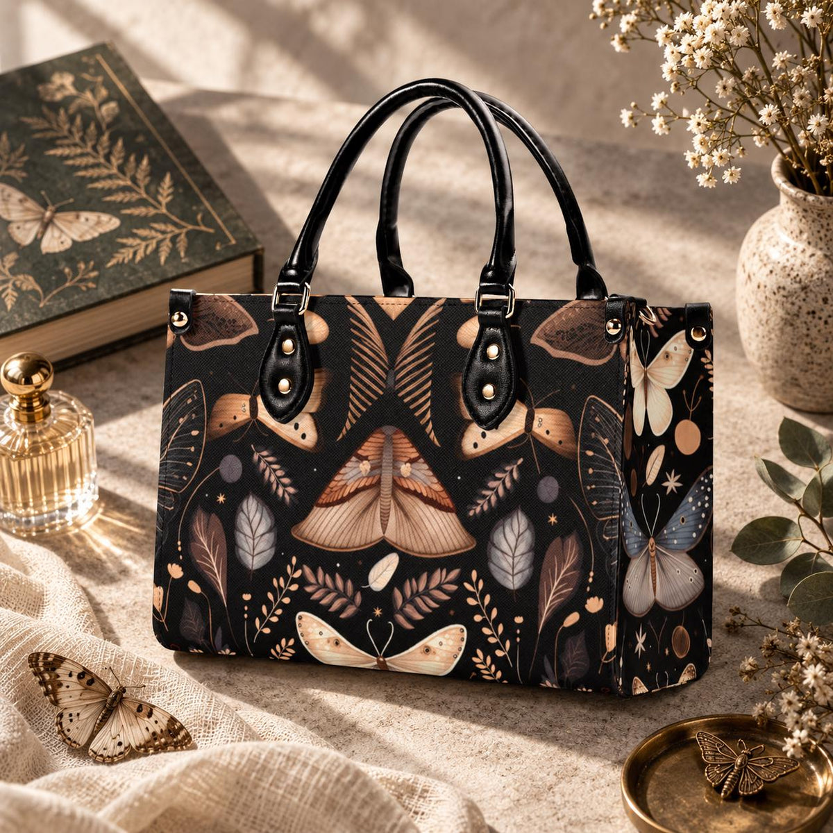 Whimsigoth Moth Print Top Handle Crossbody Bag, Botanical Butterfly Handbag