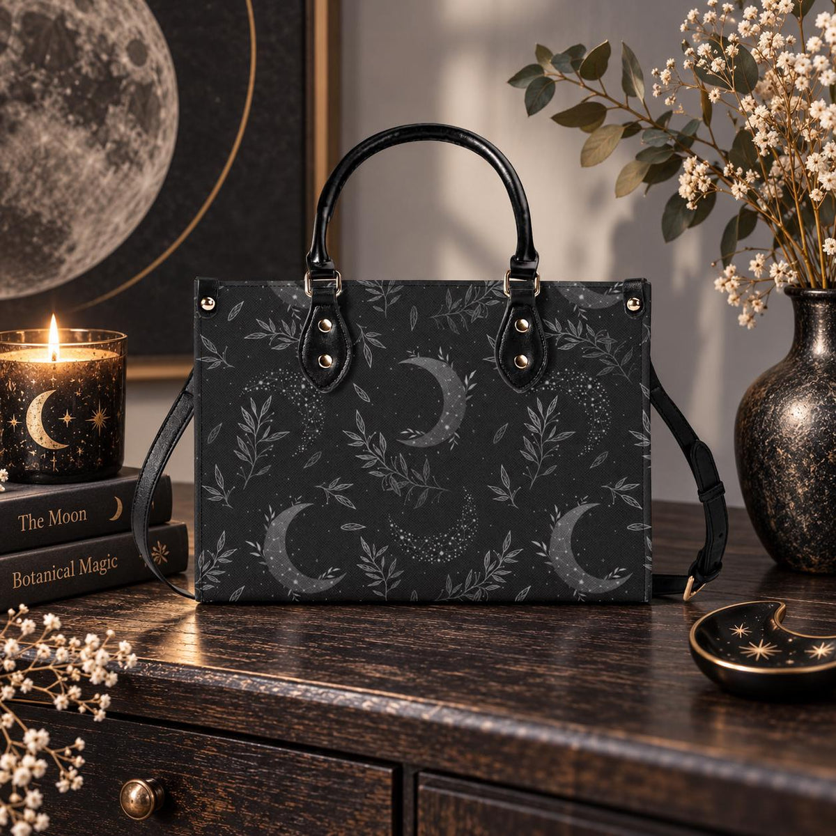 Crescent Moon Botanical Handbag, Black Leaf Print Crossbody Purse