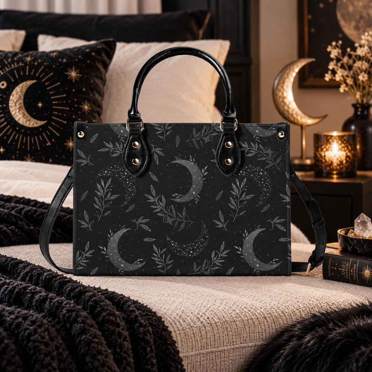 Crescent Moon Botanical Handbag, Black Leaf Print Crossbody Purse
