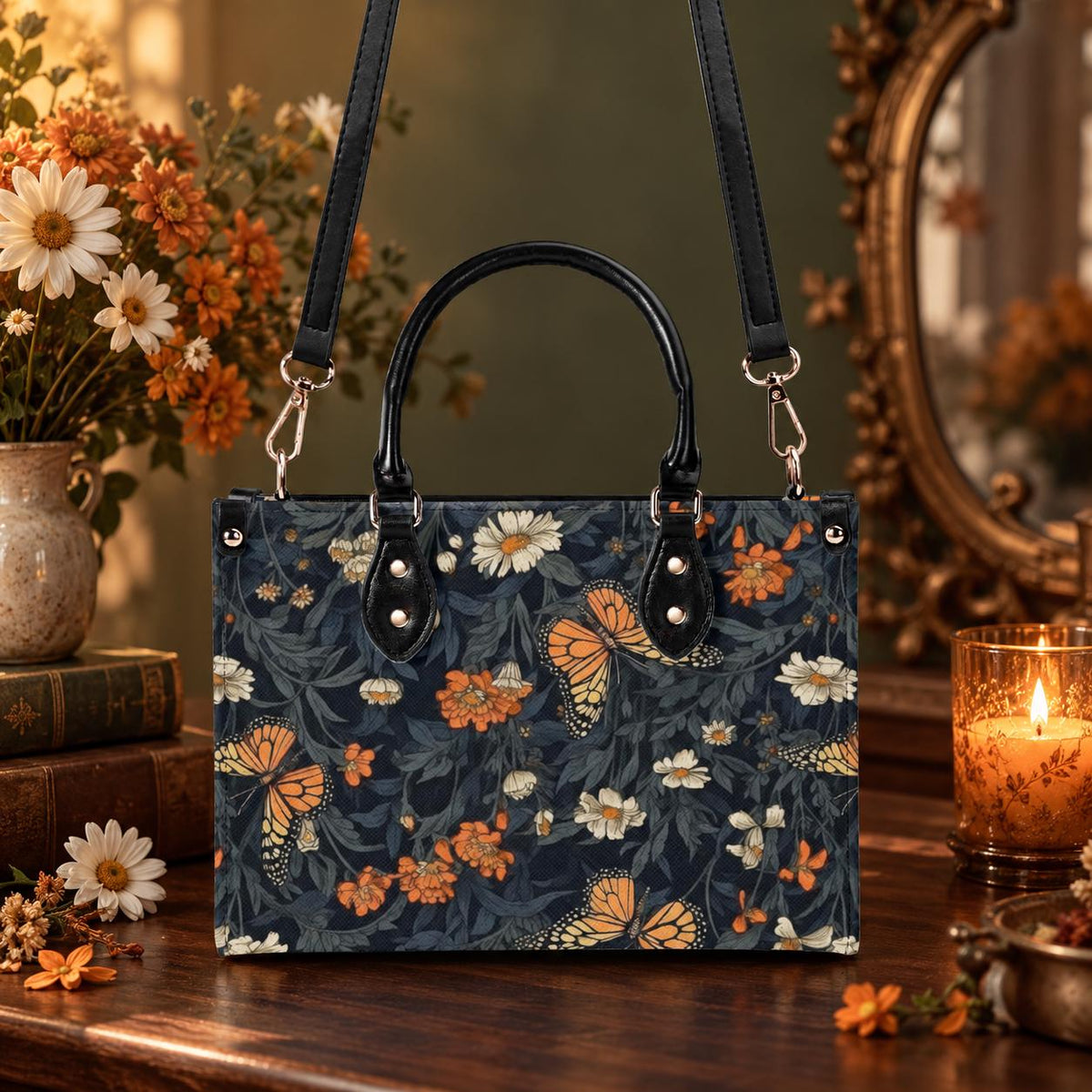 Romantic Butterfly Garden Top Handle Crossbody Bag, Botanical Floral Purse