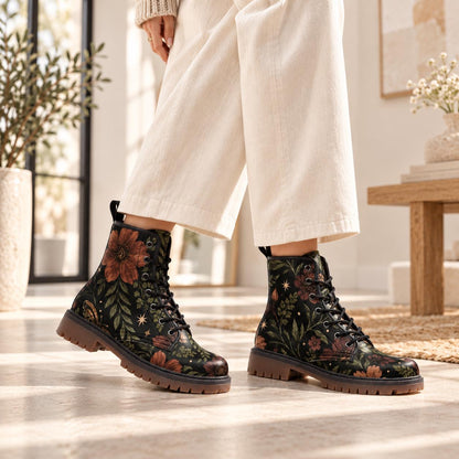 Floral Ankle Boots With Lace Up Front, Rust Blooms and Leafy Vines