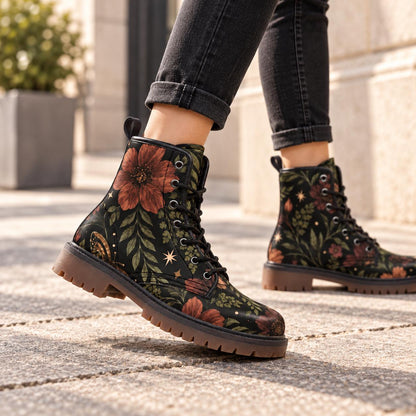 Floral Ankle Boots With Lace Up Front, Rust Blooms and Leafy Vines