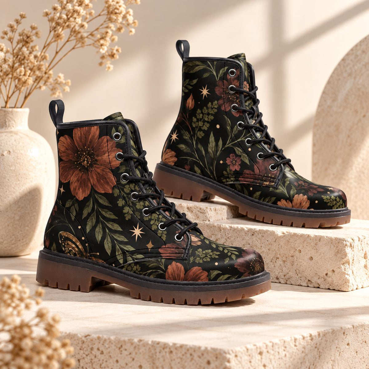 Floral Ankle Boots With Lace Up Front, Rust Blooms and Leafy Vines