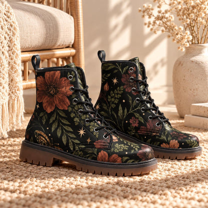 Floral Ankle Boots With Lace Up Front, Rust Blooms and Leafy Vines