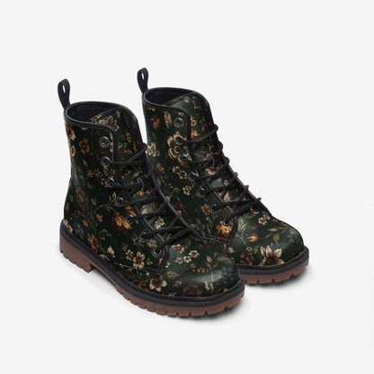 Dark Botanical Floral Lace Up Boots, Moody Garden Chunky Sole Ankle Shoes