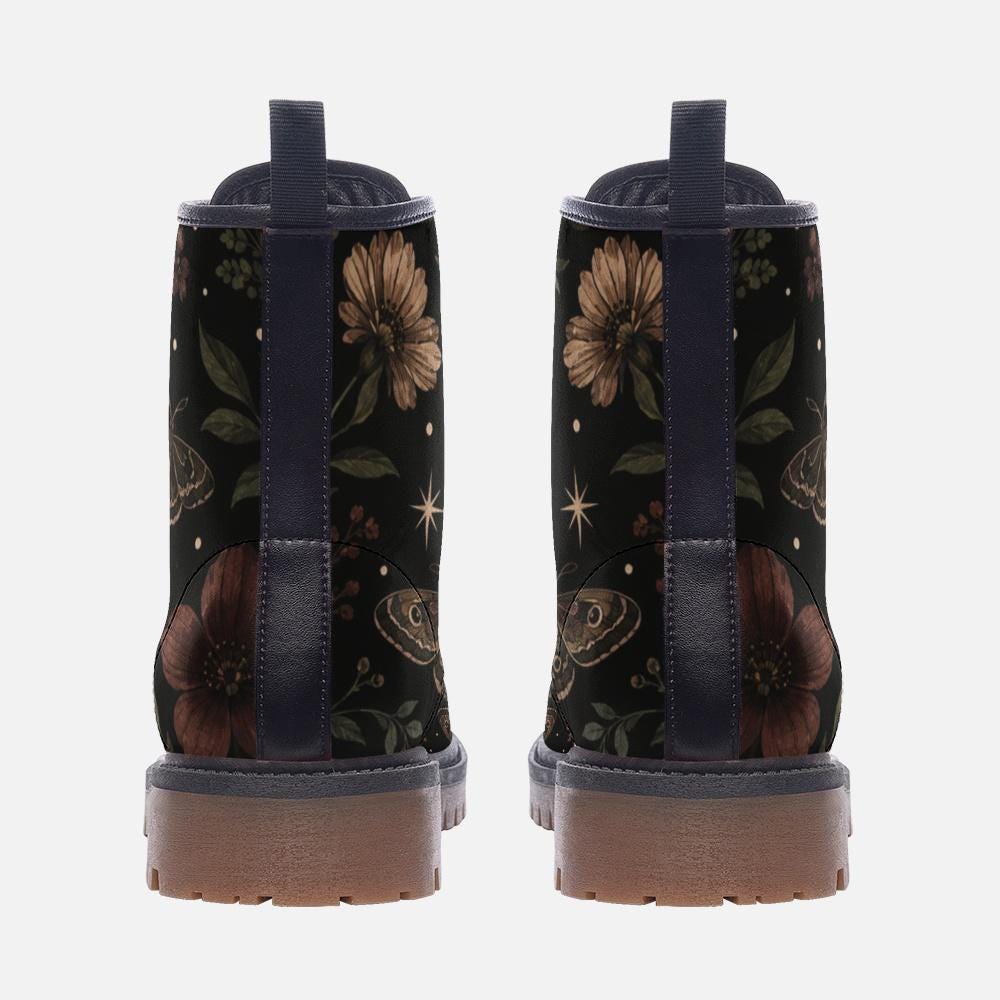 Celestial Moth Botanical Lace Up Boots, Starry Dark Garden Ankle Shoes