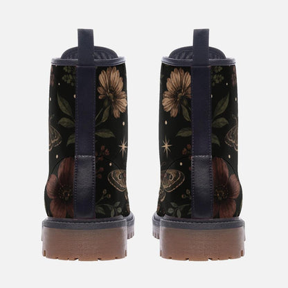 Celestial Moth Botanical Lace Up Boots, Starry Dark Garden Ankle Shoes