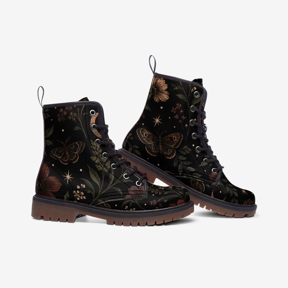 Celestial Moth Botanical Lace Up Boots, Starry Dark Garden Ankle Shoes
