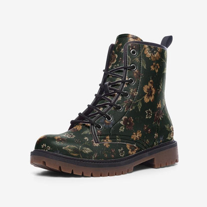 Dark Wildflower Combat Boots, Rust Floral Lace Up Ankle Boots