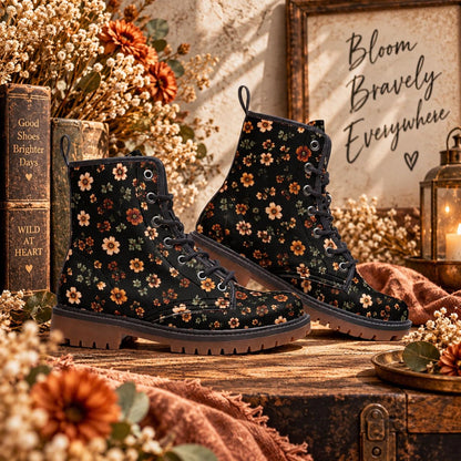 Retro Daisy Lace Up Boots, Orange Floral Chunky Sole Ankle Shoes
