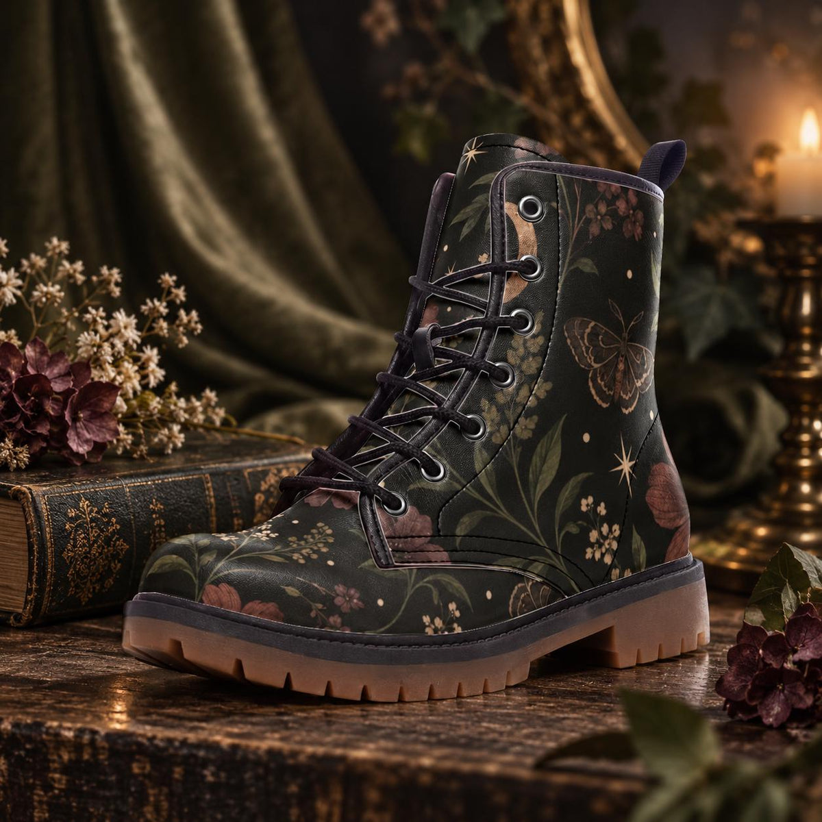 Celestial Moth Botanical Lace Up Boots, Starry Dark Garden Ankle Shoes