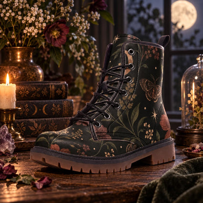 Celestial Moth Botanical Lace Up Boots, Starry Dark Garden Ankle Shoes