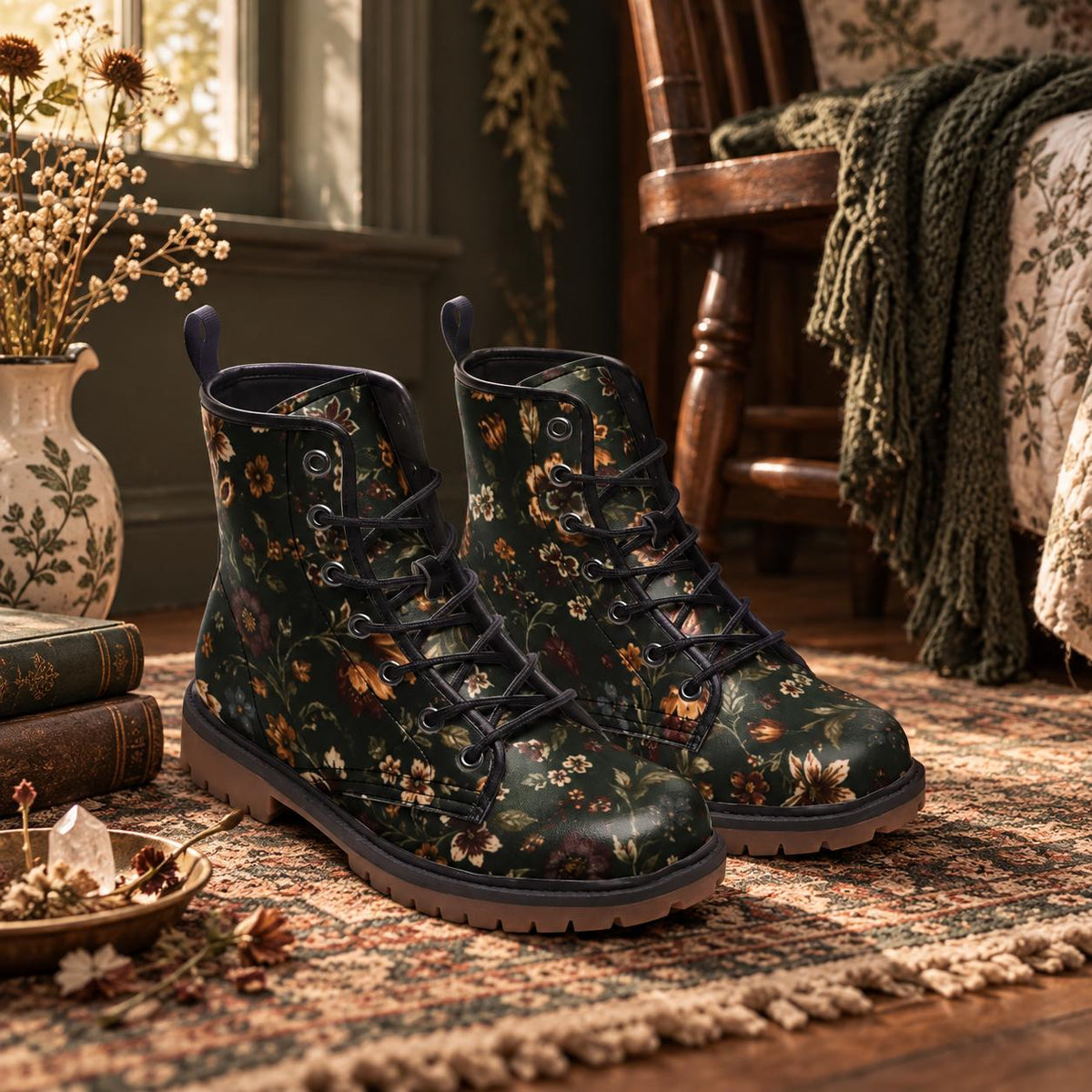 Dark Botanical Floral Lace Up Boots, Moody Garden Chunky Sole Ankle Shoes