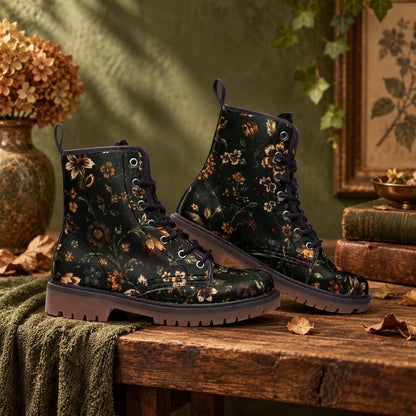 Dark Botanical Floral Lace Up Boots, Moody Garden Chunky Sole Ankle Shoes