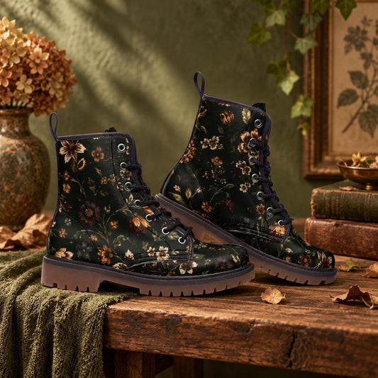 Dark Botanical Floral Lace Up Boots, Moody Garden Chunky Sole Ankle Shoes