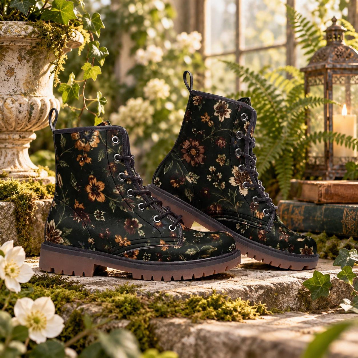 Dark Wildflower Combat Boots, Rust Floral Lace Up Ankle Boots