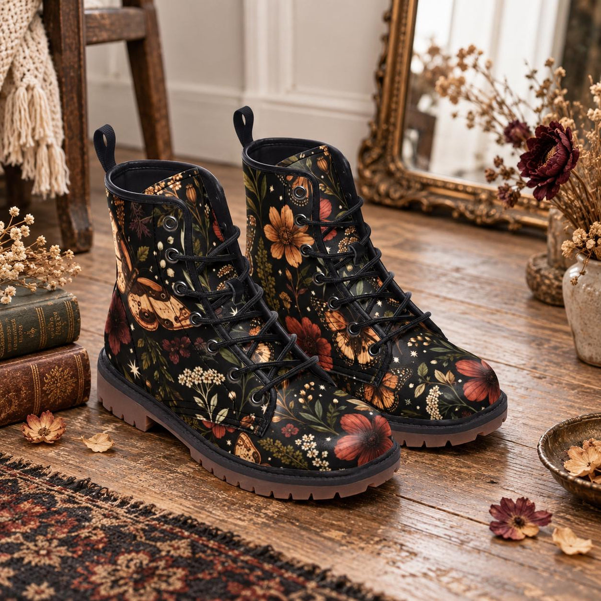 Moth Ankle Boots With Lace Up Front, Dark Botanical Floral Print