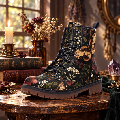 Moth Ankle Boots With Lace Up Front, Dark Botanical Floral Print