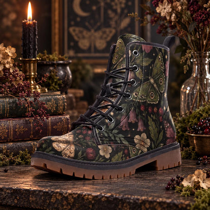 Moth and Rose Combat Boots, Dark Botanical Lace Up Ankle Boots