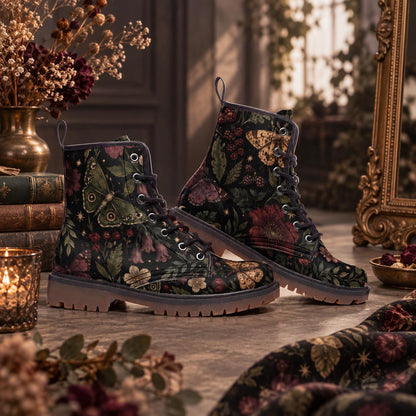 Moth and Rose Combat Boots, Dark Botanical Lace Up Ankle Boots