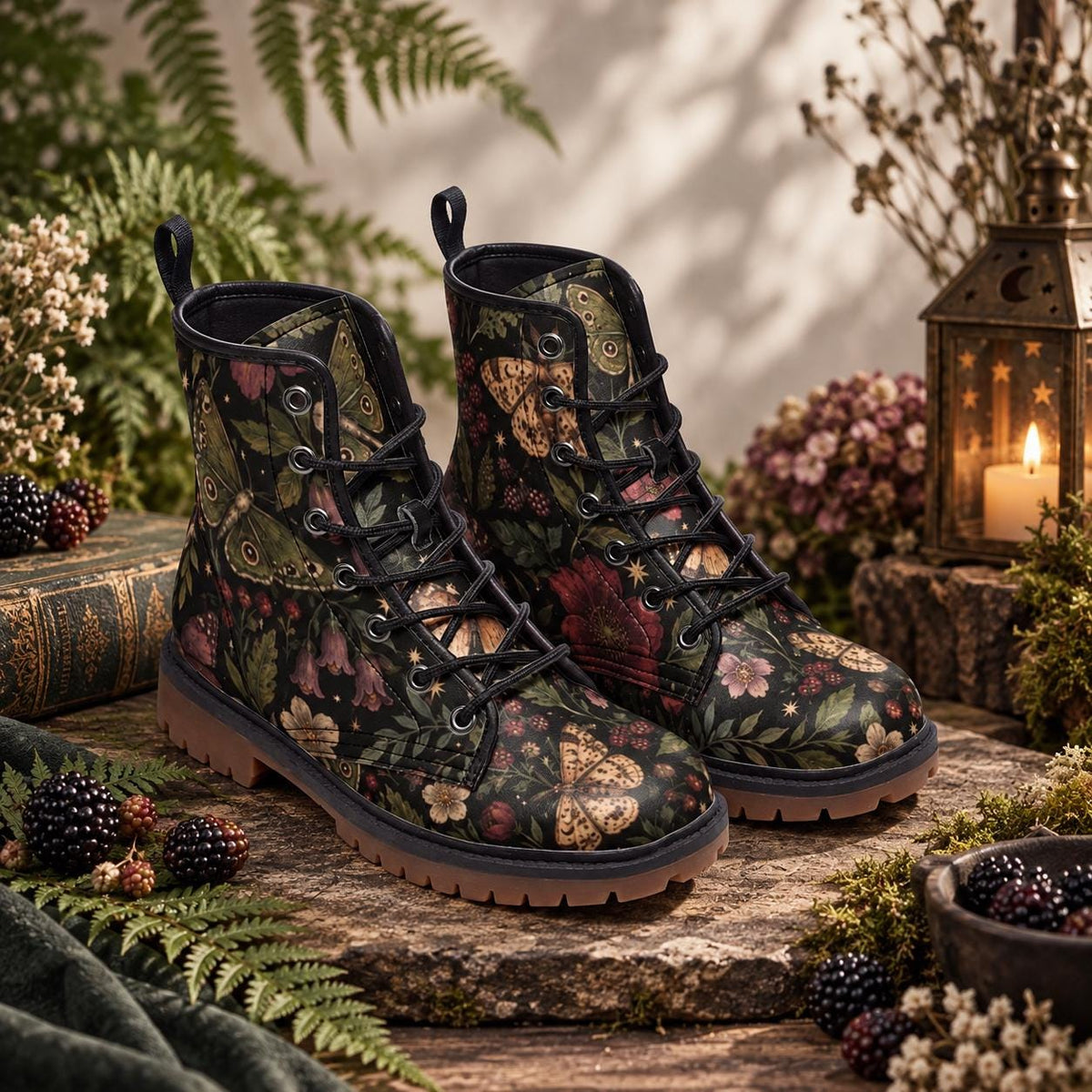 Moth and Rose Combat Boots, Dark Botanical Lace Up Ankle Boots