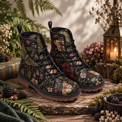 Moth and Rose Combat Boots, Dark Botanical Lace Up Ankle Boots
