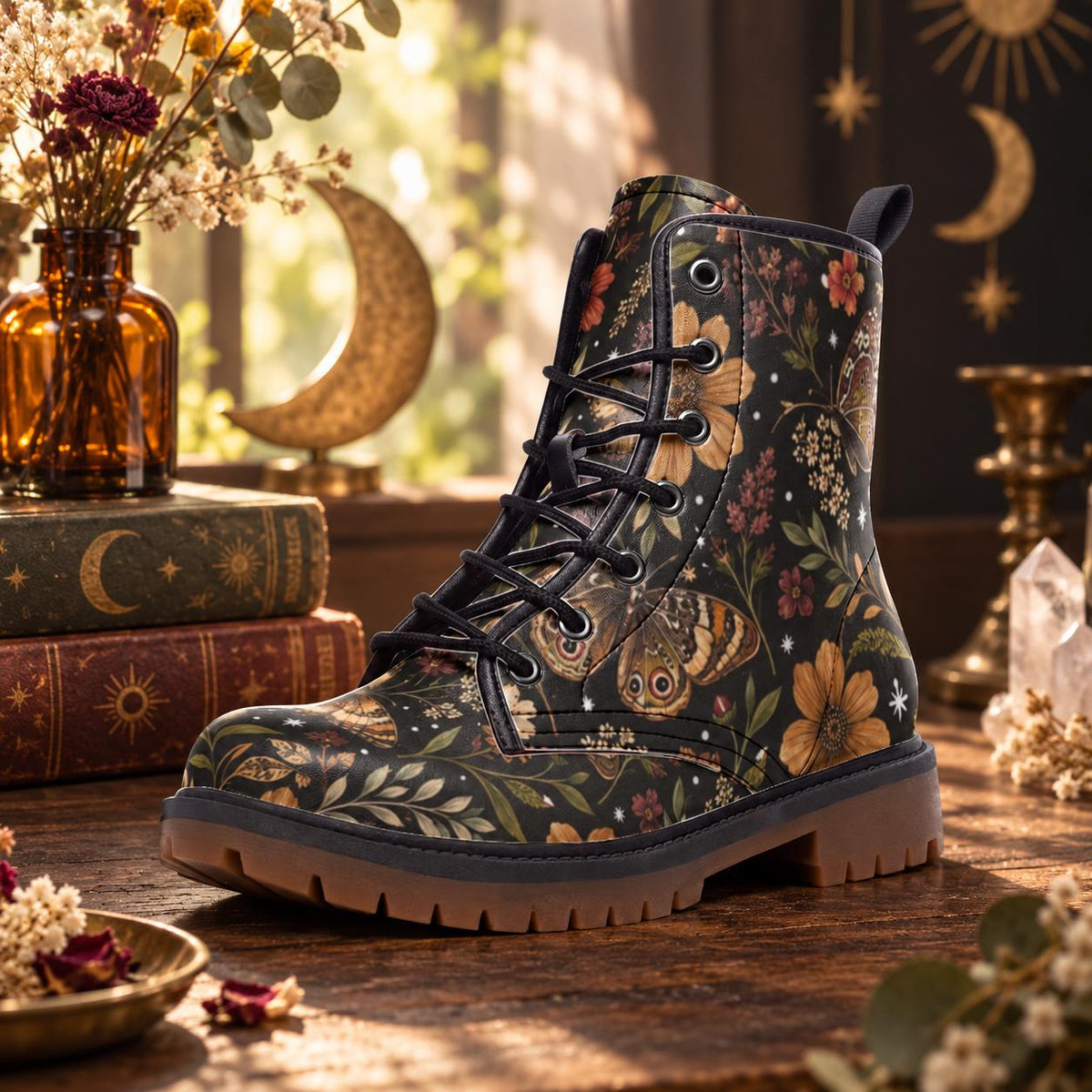 Whimsigoth Moth Floral Lace Up Boots, Dark Botanical Chunky Sole Ankle Shoes