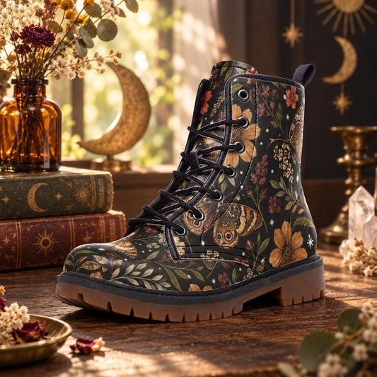 Whimsigoth Moth Floral Lace Up Boots, Dark Botanical Chunky Sole Ankle Shoes