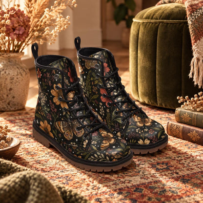 Whimsigoth Moth Floral Lace Up Boots, Dark Botanical Chunky Sole Ankle Shoes