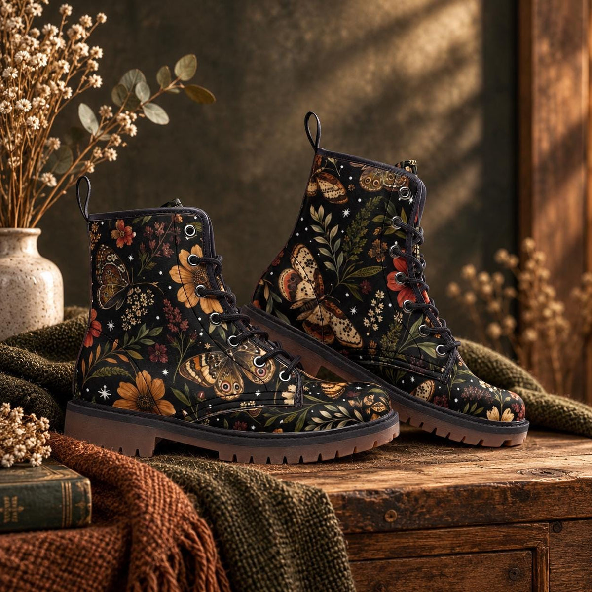 Whimsigoth Moth Floral Lace Up Boots, Dark Botanical Chunky Sole Ankle Shoes