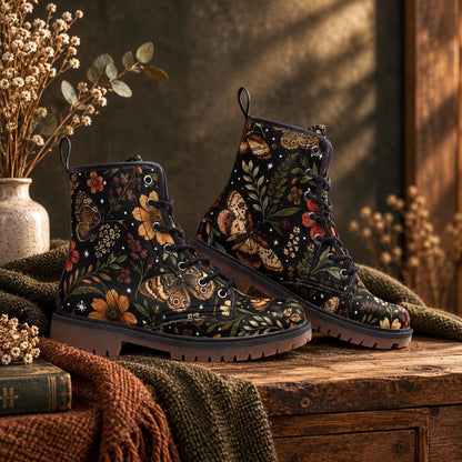 Whimsigoth Moth Floral Lace Up Boots, Dark Botanical Chunky Sole Ankle Shoes