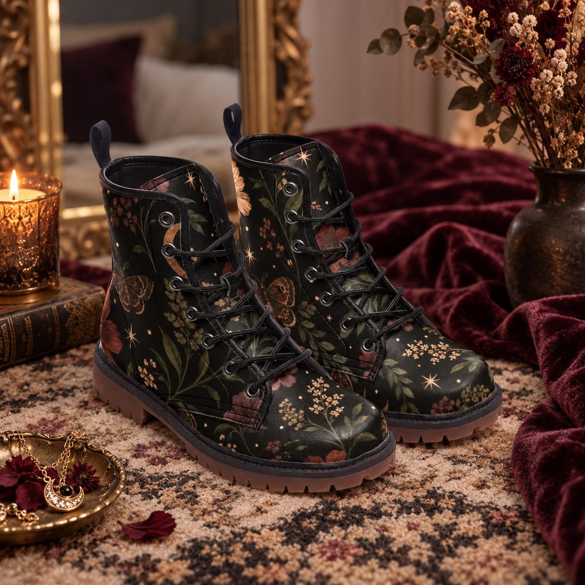 Celestial Moth Botanical Lace Up Boots, Starry Dark Garden Ankle Shoes