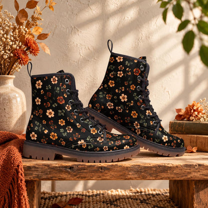 Retro Daisy Lace Up Boots, Orange Floral Chunky Sole Ankle Shoes