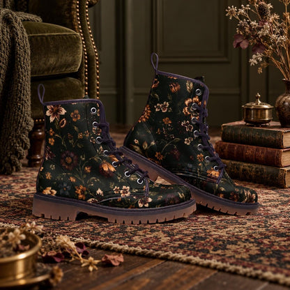 Dark Botanical Floral Lace Up Boots, Moody Garden Chunky Sole Ankle Shoes