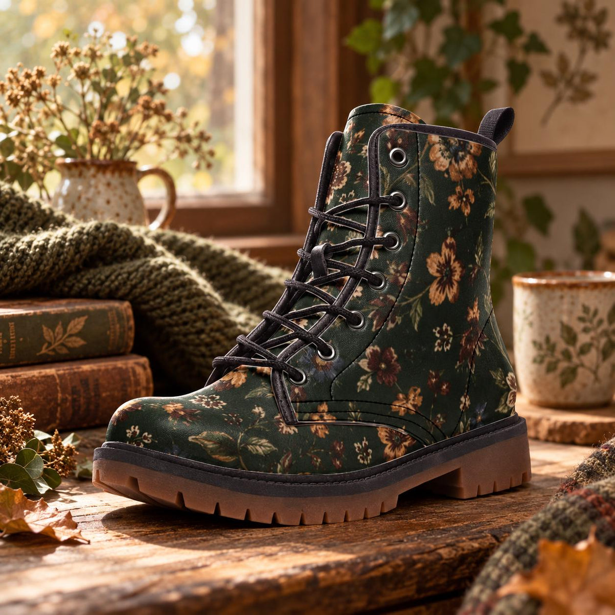 Dark Wildflower Combat Boots, Rust Floral Lace Up Ankle Boots