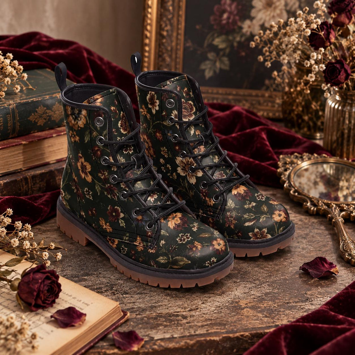 Dark Wildflower Combat Boots, Rust Floral Lace Up Ankle Boots